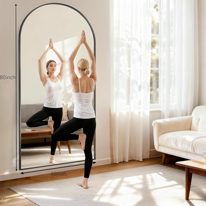 Oversized Full Body Mirror 41x81 inch Arched Full Length Mirror with Stand Aluminum Wall Mounted Hanging or Leaning Standing Mirrors, Black