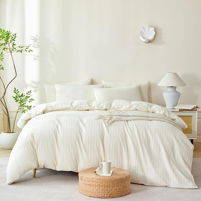 Comforter King Set Beige Striped Soft Luxury Washed Microfiber Jacquard 3 Pieces Bedding Set, Beige Vertical Ticking Stripes Comforter with 2 Pillowcases Breathable Durable Comfy