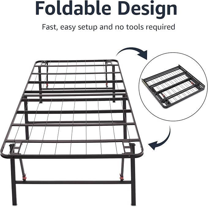 Amazon Basics Foldable Metal Platform Bed Frame with Storage Space, Sturdy Steel, No Box Spring Needed, 18 Inches High, Tool-Free Setup, Noise Free, King Size, Black