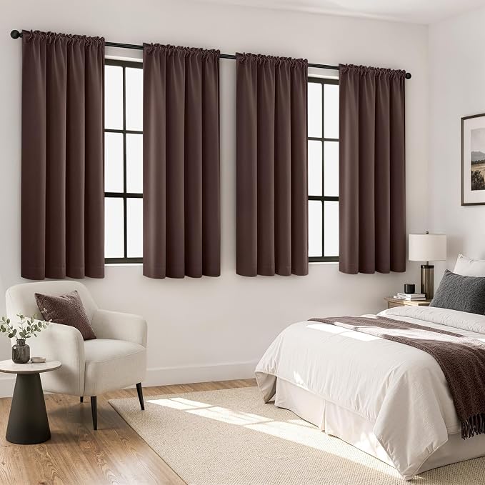 MIULEE 4 Panel Set Short Bedroom Blackout Curtains 54 Inch Long Dark Brown | Thermal Curtains for Summer Heat, Light Blocking Privacy Window Drapes, Top&Bottom Rod Pocket