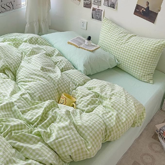 LifeTB Green Gingham Comforter Set Full Modern Style Green Grid Bed Comforter 3 Pieces Vintage Plaid Checkered Comforter with 2 Pillowcases Breathable Farmhouse Gingham Bedding Comforter Set