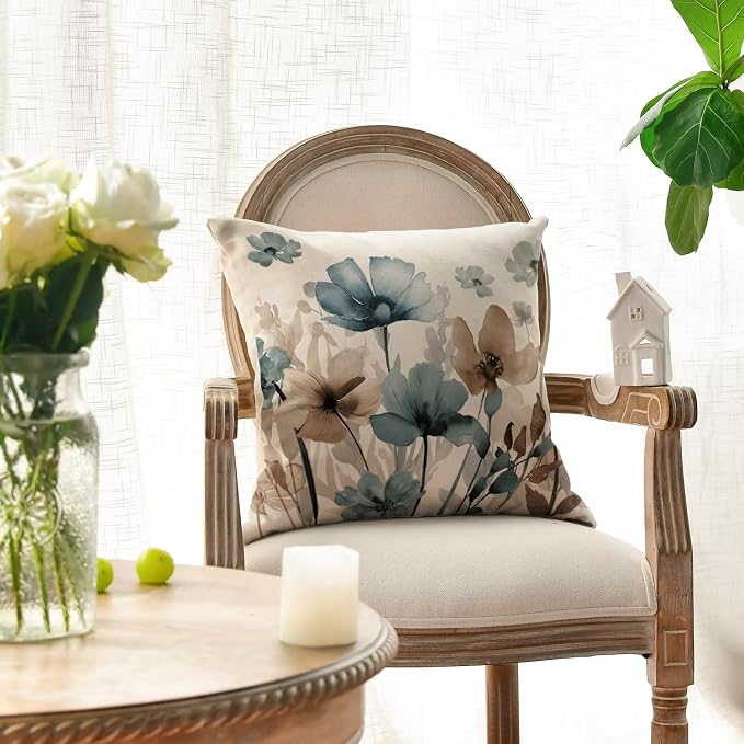 AVOIN colorlife Poppy Flowers Blue Brown Pillow Covers 18x18 Inch Set of 2 | Chinoiserie Seasonal Fall Leaves Cushion Case Decoration for Sofa Couch