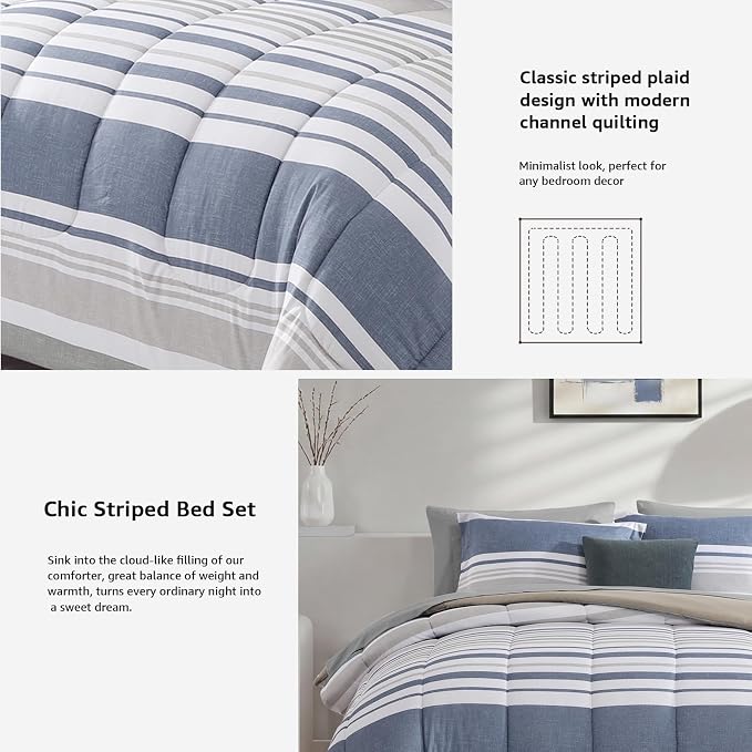 Monbix Queen Comforter Set-7 Pieces Striped Bed in a Bag Queen Bedding Sets | All Season Ocean Blue Reversible Soft Comforter Bed Set with Sheets, Pillowcases & Shams