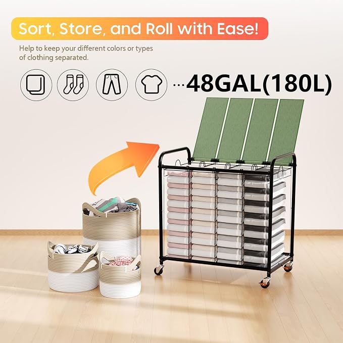 Laundry Sorter 4 Sections 48 Gal, Rolling Laundry Basket with Wheels ＆ Lid | Laundry Hamper, 4 Separated Removable Bags, Lockable Wheels, Dirty Clothes Hamper for Laundry Room Organizer, Green