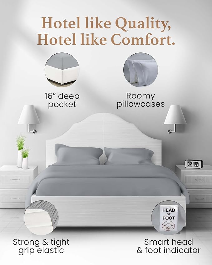 Good Sleep Bedding 100% Egyptian Cotton Twin Sheets Set, 4 Piece, Silky Sateen Weave Bed Sheets Twin, Ultra-Soft & Durable Hotel Luxury, 16 Inch Deep Pocket Twin Sheets - Light Gray