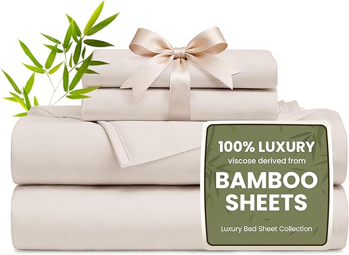 Love's cabin 4 Piece Full Size Sheet Set, 100% Rayon Derived from Bamboo, Cooling & Breathable, Soft Silky Deep Pocket up to 16", Hotel Luxury Bedding for Hot Sleepers, Sand