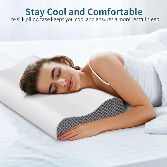 Cervical Neck Pillow for Pain Relief, Contour Memory Foam Pillows Ergonomic Pillow for Sleeping Bed Pillow Neck Support with Cooling Pillowcase Orthopedic Pillow for Side Back Sleepers(Light Grey)