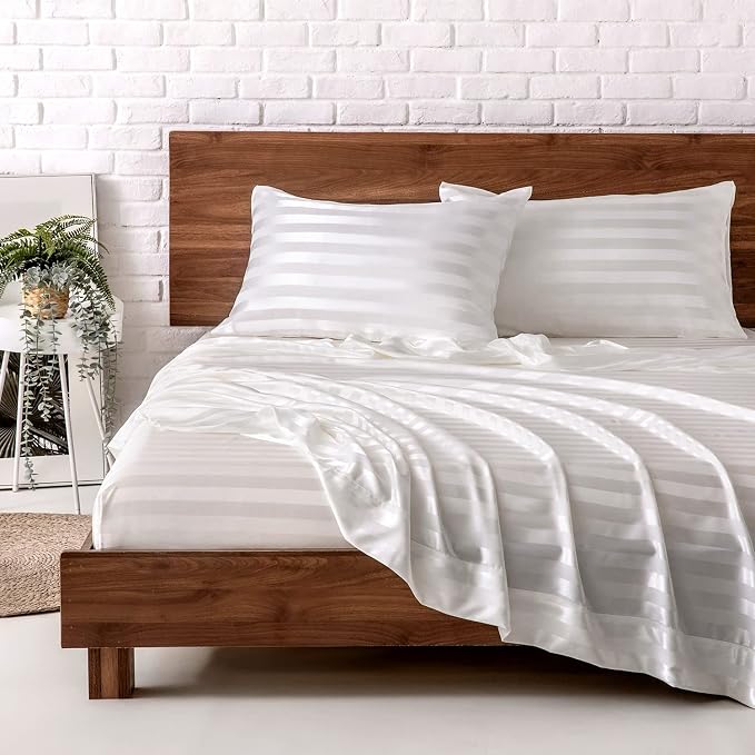 MR&HM Satin Sheets King Size with Elastic Corner Straps, Ivory Striped | Similar to Silk, 4-Piece Silky Soft Bed Sheet Set, Gentle on Skin and Hair, 15" Deep Pocket, Cooling & Breathable