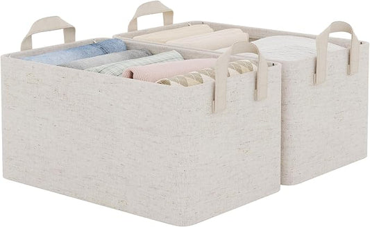 StorageWorks Fabric Storage Bins, Linen Closet Organizers, Beige, 2-Pack | With Reinforced PU Handles, Metal Frame, Sturdy Structure, Collapsible, for Closet, Shelves, Holds Clothes, Towels, Blankets