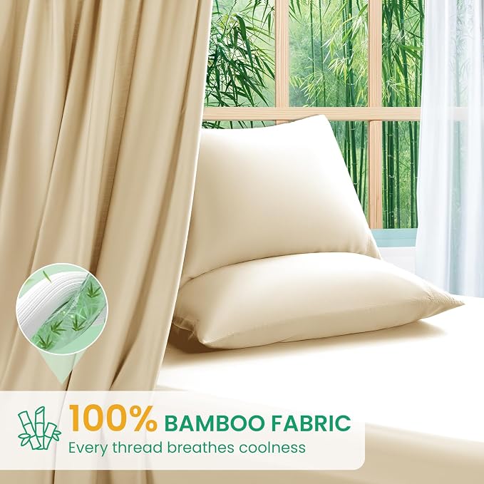 SONORO KATE 100% Viscose Derived from Bamboo_Sheets King Size,4PC | Cooling Bed Sheets for Hot Sleepers,Soft Breathable & Silky,16" Deep Pocket,Luxury Hotel Bedding,Beige