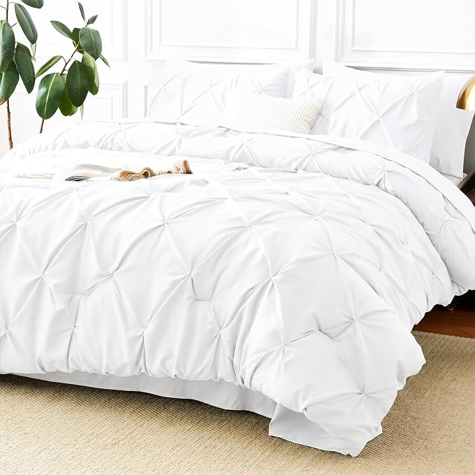 Queen Comforter Set White, 7 Pieces Pintuck Bed in a Bag | OEKO-TEX 100 Certified, 240GSM All Season, Bedroom, Guest Room, Down-Alternative Comforter, Sheets, Pillowcases & Shams