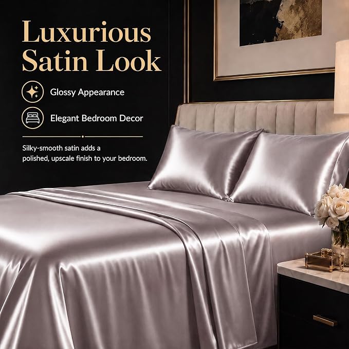 CozyLux Satin Sheets Queen, 4-Piece 14-Inch Deep Pocket Sheet Set | OEKO-TEX Certified Silky Soft Sheet Set for Hair &Skin, Luxurious Silky-Smooth Satin for Elegant Bedroom Decor, Dusty Purple