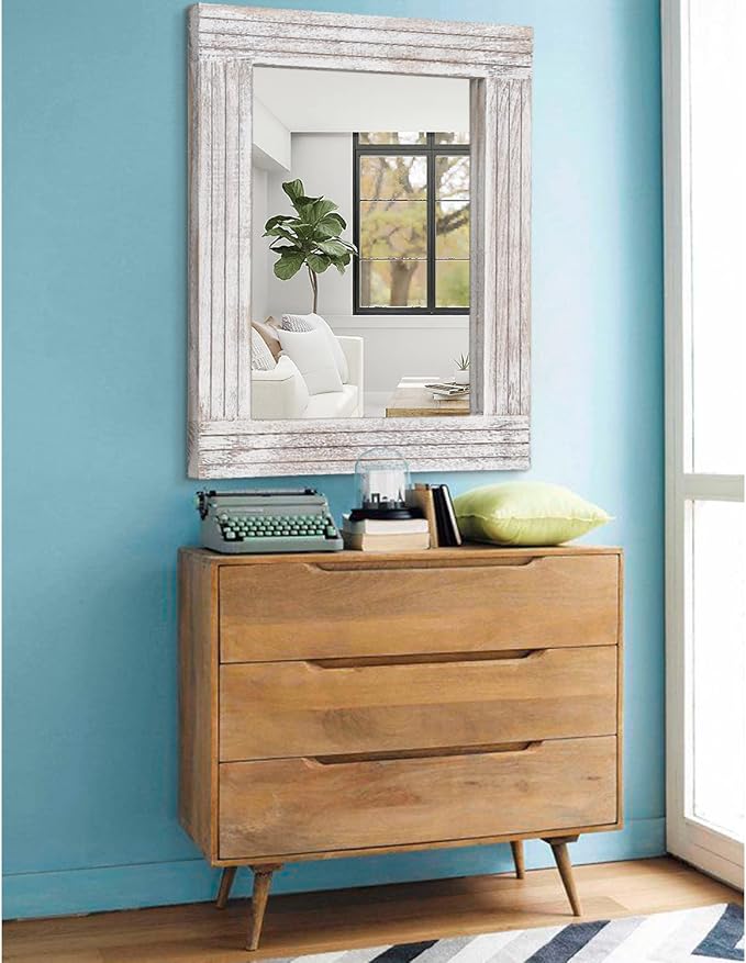 Wall Mirror Rustic Wooden Frame Rectangle Mirror Vintage Hanging Mirror for Bedroom Bathroom Living Room Farmhouse Wall Decor Large 26" x 18"