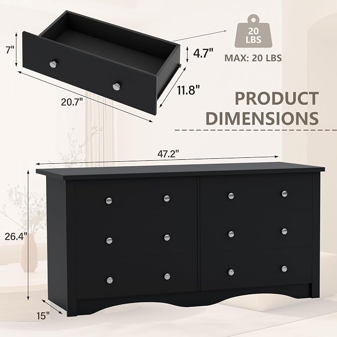 YESHOMY Black Dresser for Bedroom with 6 Drawer, 47.2" Organizer Drawers | Space Saving, Modern Design, Anti-Tip, TV Stand for Living Room, Hallway