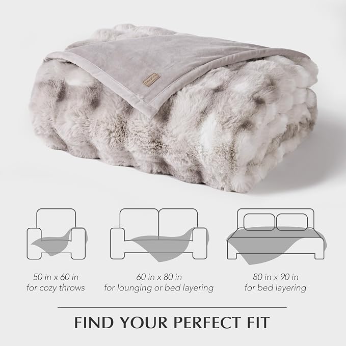 EverGrace Faux Rabbit Fur Bubble Throw Blanket, 60"x80", Light Grey | Ultra Soft, Luxury Faux Rabbit Fur Throw, Thick Warm Bubble Blanket, Cozy Fluffy Reversible, for Bed, Couch, Chair, Sofa