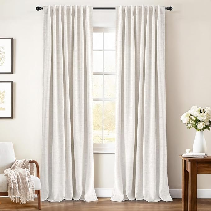 INOVADAY 100% Blackout Linen Curtains for Bedroom 50x90 Inches Beige | Linen Textured, Light Blocking, Room Darkening, Thermal Insulated, Back Tab Top, Window Curtains for Living Room, 2 Panels