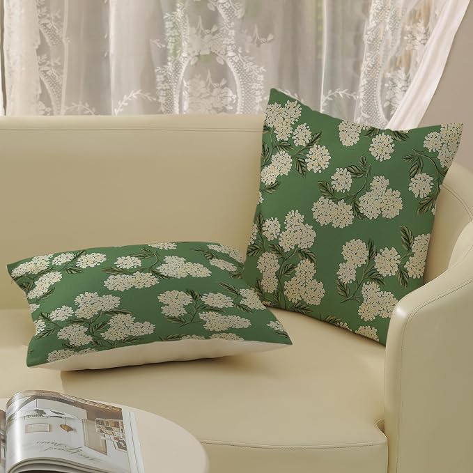 Sage Green Spring Pillow Covers 16x16 Inch 2 Pcs Yellow Hydrangea Flower Decor Throw Pillows Vintage Floral Seasonal Summer Outdoor Decoration Pillowcase Linen Cushion Cover for Couch Sofa
