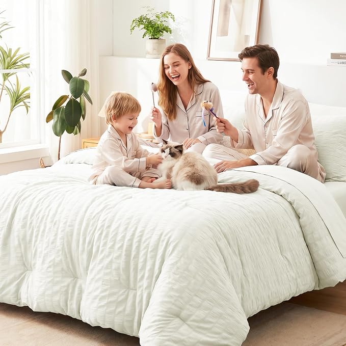Queen Comforter Set, 7 Pieces Ivory Seersucker Bed in a Bag | OEKO-TEX Certified, All Season Bedding Set with 240 GSM Down Alternative Comforter, Flat & Fitted Sheets, Pillowcases & Shams