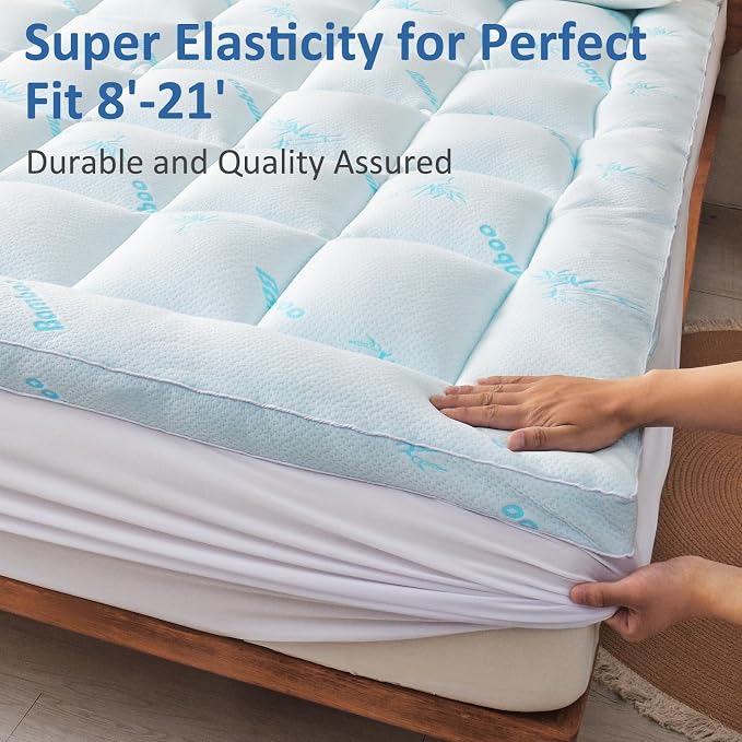 Favorland Mattress Topper Twin Size - Cooling Extra Thick Breathable Viscose Made from Bamboo Mattress pad - Soft Quilted Fitted Mattress Cover with 900 GSM Down Alternative Fill (8-21”Deep Pocket)