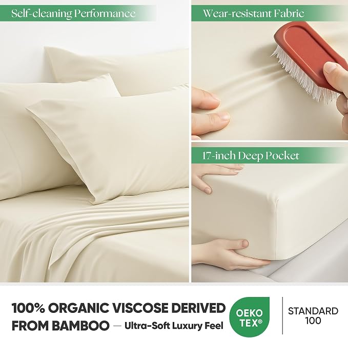 Silver Infused Bed Sheets Set, Temperature-Regulating Fabric with Self-Cleaning Technology for 3X Freshness Sleep, Genuine Organic Viscose Derived from Bamboo (Offwhite, Caking)