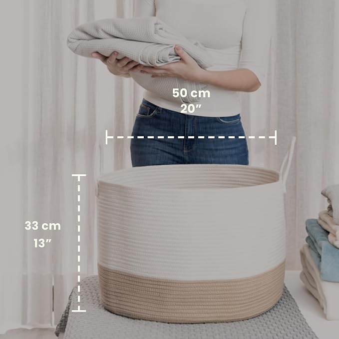 OrganiHaus Round Toy Basket & Blanket Basket, Cotton Rope 20x13" | Honey / Off-White - Round Cotton Rope Basket, 20x13"