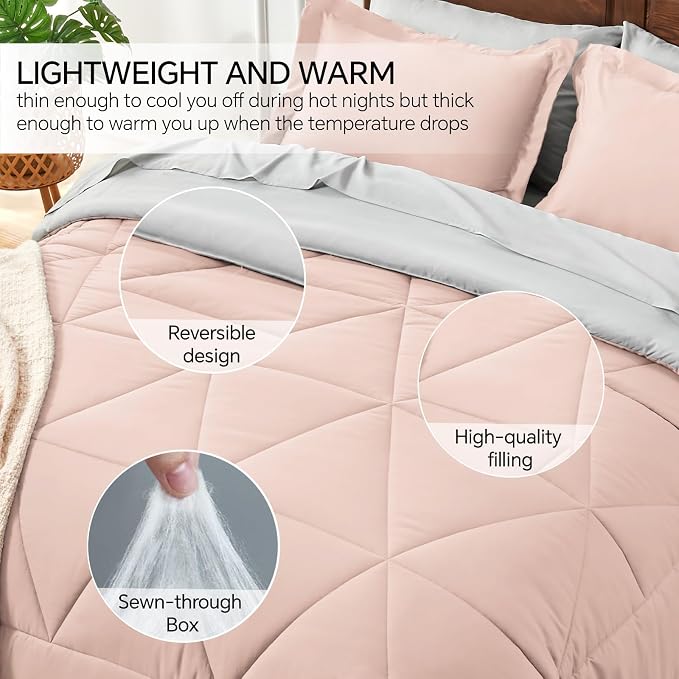 BEDELITE King Comforter Set 7 Pieces, Reversible Dusty Pink Bed in A Bag | Soft All Season Down-Alternative Comforter, Sheets, Pillowcases & Shams, OEKO-TEX Certified Bedding for Bedrrom, Guest Room