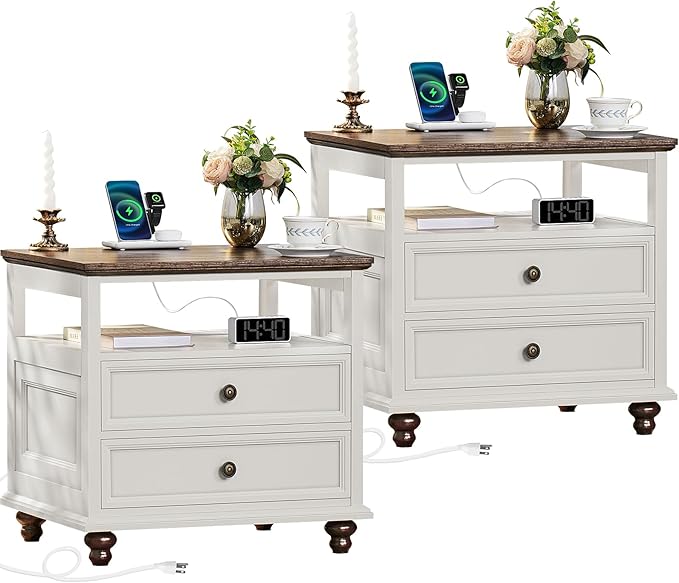 Joaxswe Farmhouse Nightstand Set of 2 with Charging Station, 24" Wide End Table with 2 Drawers,Dresser for Bedroom,Bed Side Table Chest of Drawers Cabinet,Wood White Night Stand for Living Room