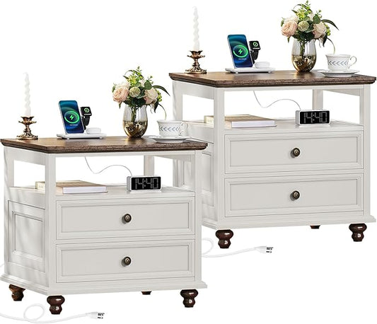 Joaxswe Farmhouse Nightstand Set of 2 with Charging Station, 24" Wide End Table with 2 Drawers,Dresser for Bedroom,Bed Side Table Chest of Drawers Cabinet,Wood White Night Stand for Living Room