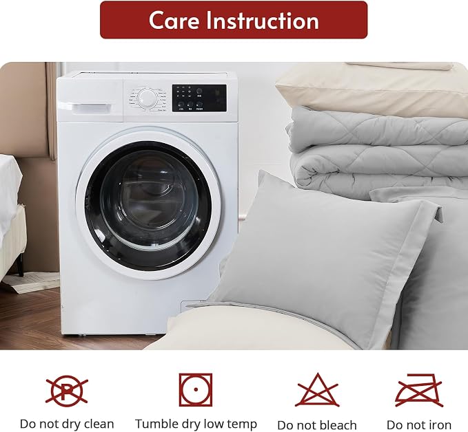 7 Pieces Oversized Queen Comforter Set, Reversible Bed in a Bag Oversized Queen Size, All Season Bedding Set with Comforter, Flat Sheet, Fitted Sheet, Pillowcases & Shams, Light Grey & Beige