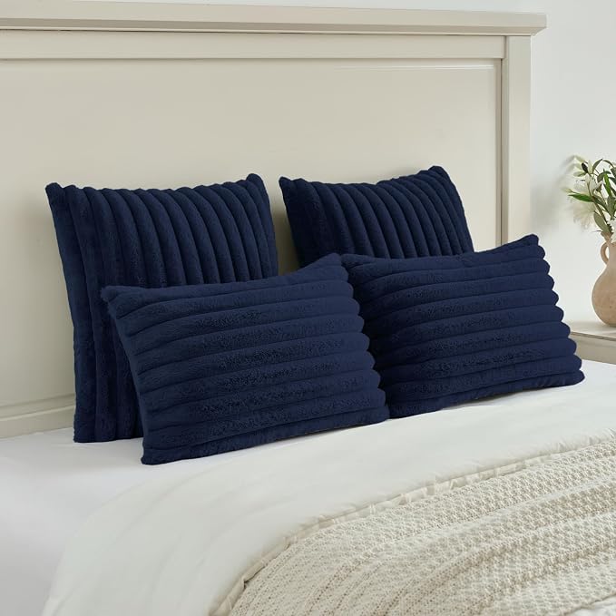 FUTEI Pack of 2 Faux Fur Throw Pillow Covers 22x22 Inch, Dark Navy | Fluffy Faux Rabbit Fur Front/Premium Velvet Back,Hidden Zipper,Machine Washable,Non-Shedding,Colorfast,Insert Not Included.