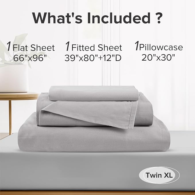 Comfort Spaces 100% Cotton Percale Sheets Twin XL Sheet Set 3 Piece, Grey | Crisp, Cool & Breathable Bed Sheets, 12" Deep Pocket Fits Up to 14" Mattress, Lightweight, All Season Cozy, with Pillow Case