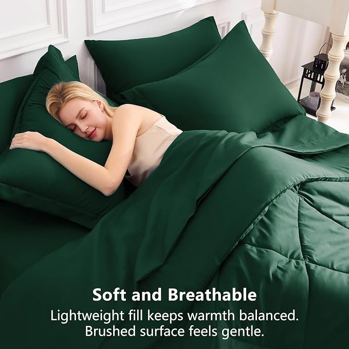 Queen Comforter Set Emerald Green - 7 Pieces Complete Bedding Set | OEKO-TEX Certified, All Season, 240GSM Down-Alternative Comforter, Sheets, Pillowcases & Shams, 14" Deep Pocket, Easy Care