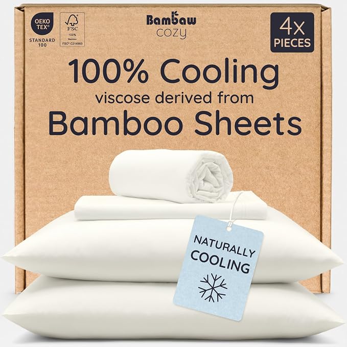 Bambaw 100% Viscose Derived from Bamboo Sheets King Size Set – 4pcs King Size Cooling Sheets for Hot Sleepers & Night Sweats, Ultra Soft Bedding Set, Fits Up to 16'' Deep Pocket (Ivory)
