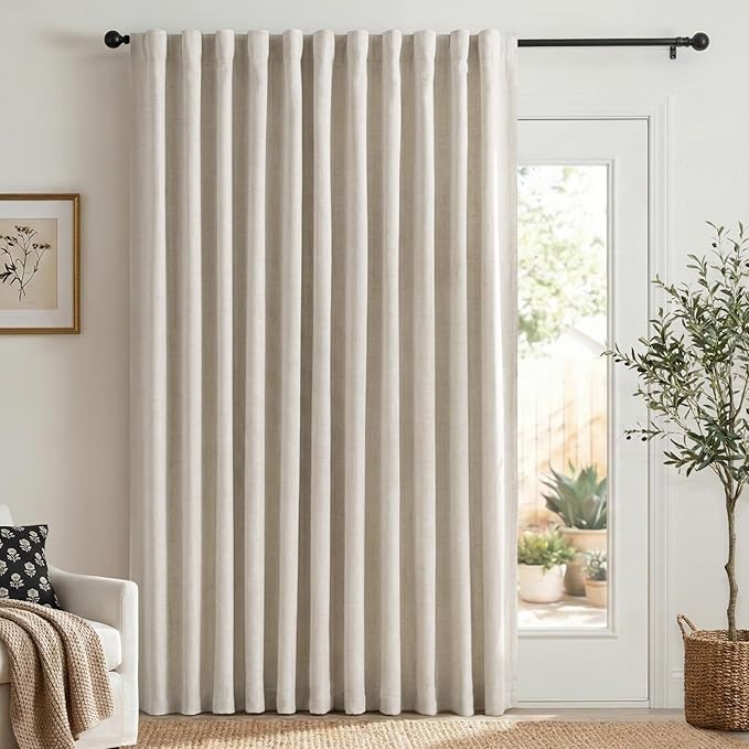 Linen Textured Total Blackout Sliding Door Curtains 96 Inches Long, Cream | 100% Blackout Shield Back Tab/Rod Pocket Sliding Door Curtains, Thermal Insulated Curtains 1 Panel Set, 100"W x 96"L