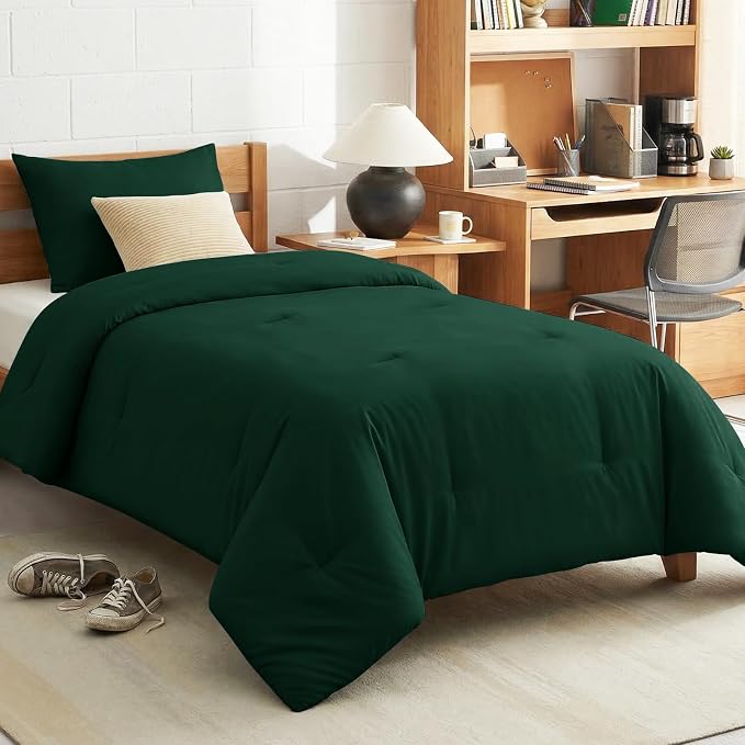 Twin Comforter Set, 2 Pieces Down Alternative Bedding Emerald Green | 270 GSM Twin XL College Dorm Comforter with 4 Corner Ties Use as a Duvet Insert, OEKO-TEX Certified, 1 Pillowcase, 68 x 88 in