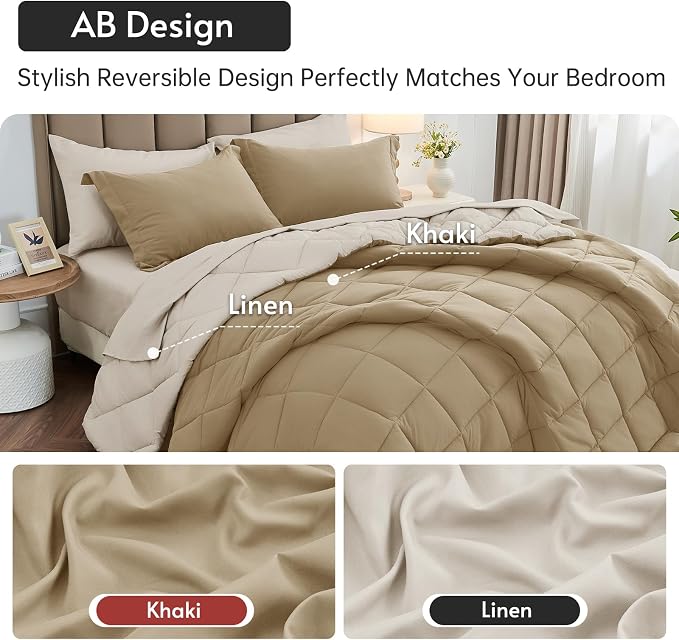 7 Pieces Full Comforter Set, Reversible Bed in a Bag Full Size, All Season Bedding Set with Comforter, Flat Sheet, Fitted Sheet, Pillowcases & Shams, Khaki & Linen