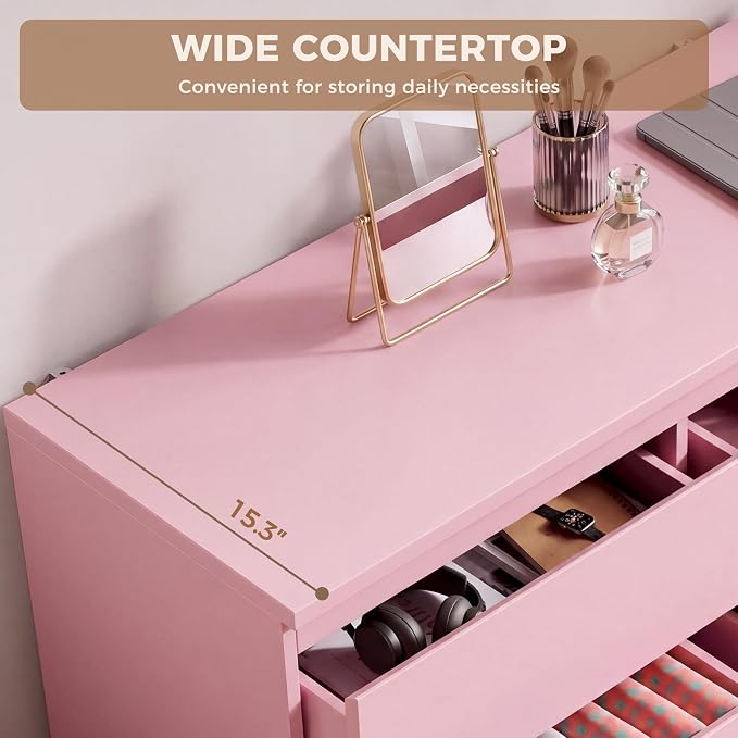 6 Drawer Double Dresser for Bedroom, Modern Simply Chest of Drawers, Wood Storage Dresser with Anti-Tipping for Living Room Hallway Entryway, Nursy Pink (15.3" D x 47.2" W x 32.3" H)
