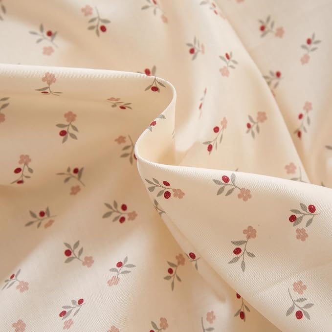 mixinni Pink Floral Duvet Cover Set Full Size – 100% Cotton Ruffle Lace Bedding, Romantic Blushing Flower Print, Reversible Striped Pattern, Cottagecore Soft Aesthetic Princess Bedding for Girls