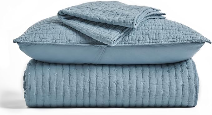x Kinsey Walsh 100% Cotton Cross Stitch Quilt, King, Dusty Blue | 100% Cotton, Elegant Cross Stitch, Soft & Breathable, Prewashed Softness, Oversized Design, OEKO-TEX® Certified