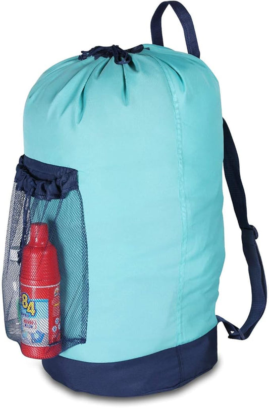 Laundry Backpack with Shoulder Straps and Mesh Pocket Durable Nylon Clothes Hamper Bag with Drawstring Closure for College, Travel, Laundromat, Apartment