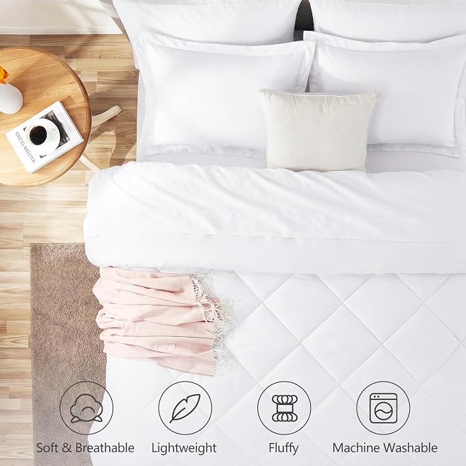 Full Size Comforter Sets White - 7 Pieces Complete Bedding Set | OEKO-TEX Certified, All Season, 240GSM Down-Alternative Comforter, Sheets, Pillowcases & Shams, 14" Deep Pocket, Easy Care