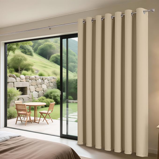 Joydeco Blackout Patio Sliding Door Curtains, Privacy Room Divider Curtains | Extra Wide Thermal Blackout Curtains for Bedroom Living Room, Curtain for Patio Door (Light Beige, 100Wx96L, 1 Panel)