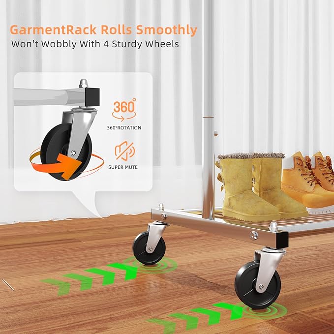 Simple Trending Clothing Garment Rack, Extendable Clothes Rack, Chrome | Double Rod Portable Closet, Mesh Storage Shelf, Waterproof and Rust-resistant, 360° Wheels, Bedroom, Laundry Room
