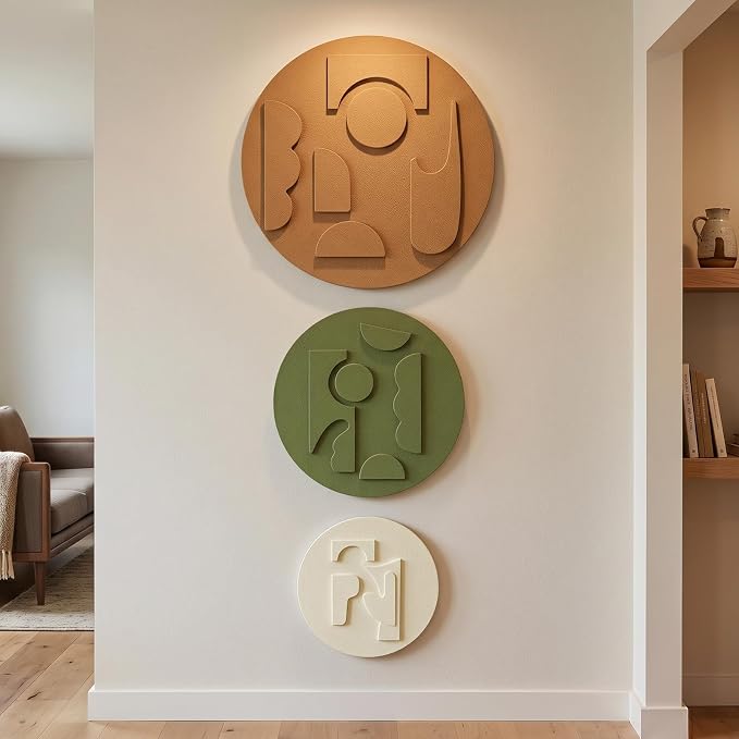 3D Textured Round Modern Abstract Boho Wall Art for Living Room, 3 Piece | Minimalist Bohemian Geometric Sculptures Artwork for Walls, White Terracotta Green Paintings, Bedroom Home Office Wall Decor