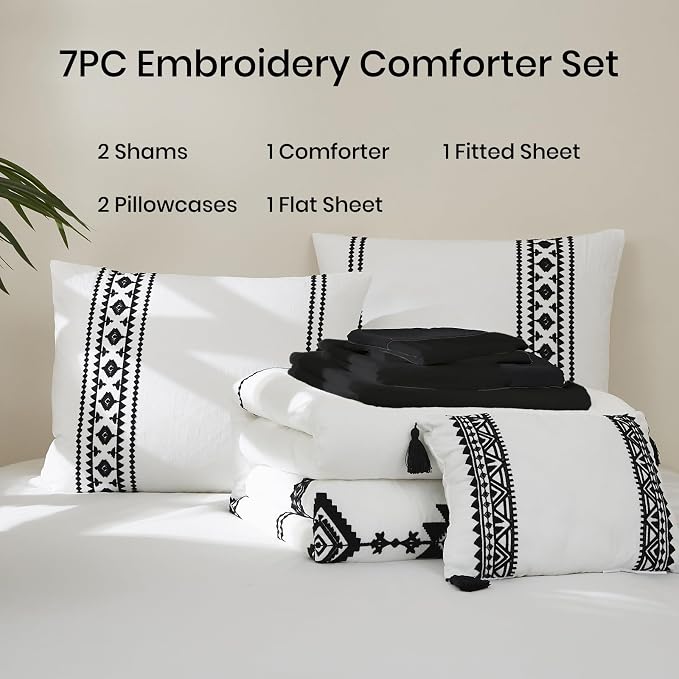 MaiRêve Embroidery King Size Comforter Set 7 Pieces White Bed in a Bag | Western Farmhouse Boho Bedding Sets with Comforter, Sheets, Pillowcases & Shams