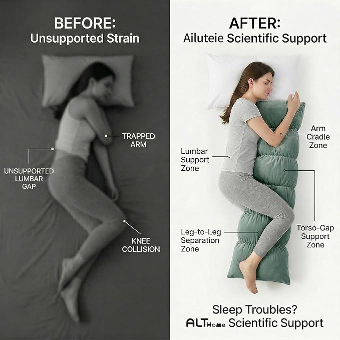Pat. Pend. Segmented Body Pillow for Side Sleepers, 47 Inch, Green | Full body pillow for adults with a removable, washable soft velvet cover; long bed pillow design for side sleeping.