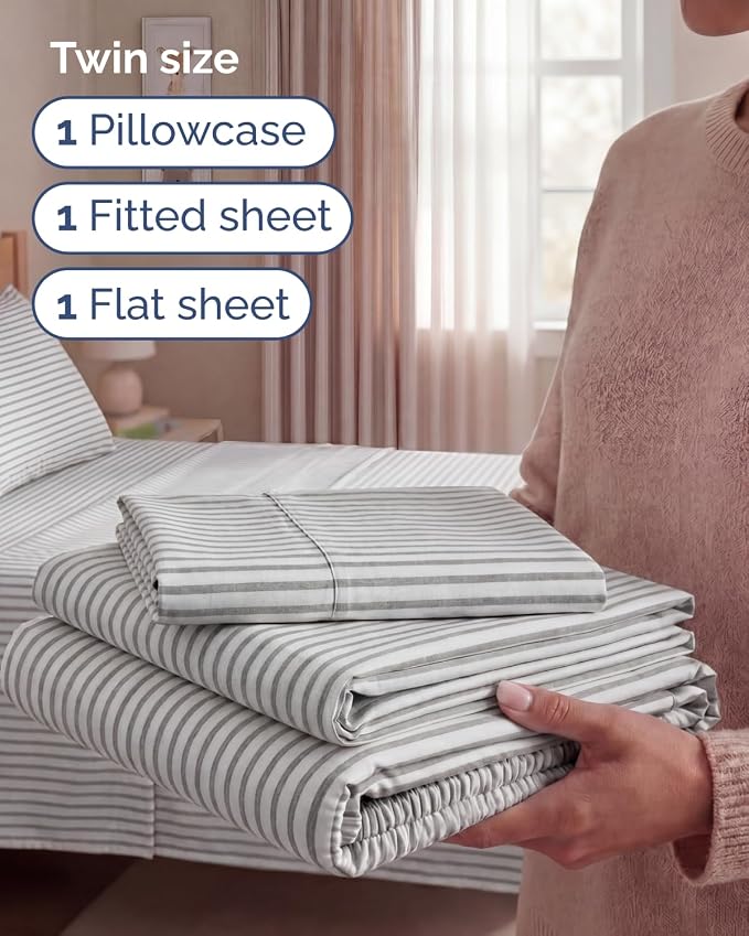 Twin Size 3 Piece Sheet Set - Breathable & Cooling Sheets - Grey Stripes | Hotel Luxury Bed Sheets for Women & Men, Deep Pockets, Easy-Fit, Extra Soft and Wrinkle Free Sheets, Oeko-Tex Bed Sheet Set