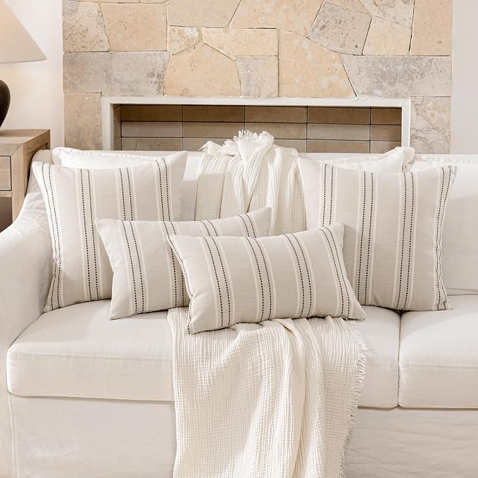 Hckot Striped Throw Pillow Covers 16x16 Set of 2 Charcoal Pillow Covers | Farmhouse Decorative Pillows Textured Linen Square Cushion Covers for Sofa Couch Bed Living Room Decor