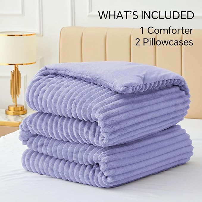 BEDELITE Fleece Full Comforter Set, Fluffy Bed Set, Lavender | Super Soft & Warm Bedding, Luxury Fuzzy Faux Fur Comforter for Winter, Heavy Plush Bedding, with 2 Pillowcases