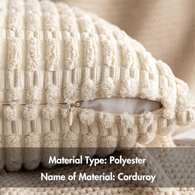 MIULEE Corduroy Decorative Throw Pillow Covers 20x20 Cream White Pack of 2 | Soft Boho Striped Pillow Covers Modern Farmhouse Home Decor For Sofa Living Room Couch Bed